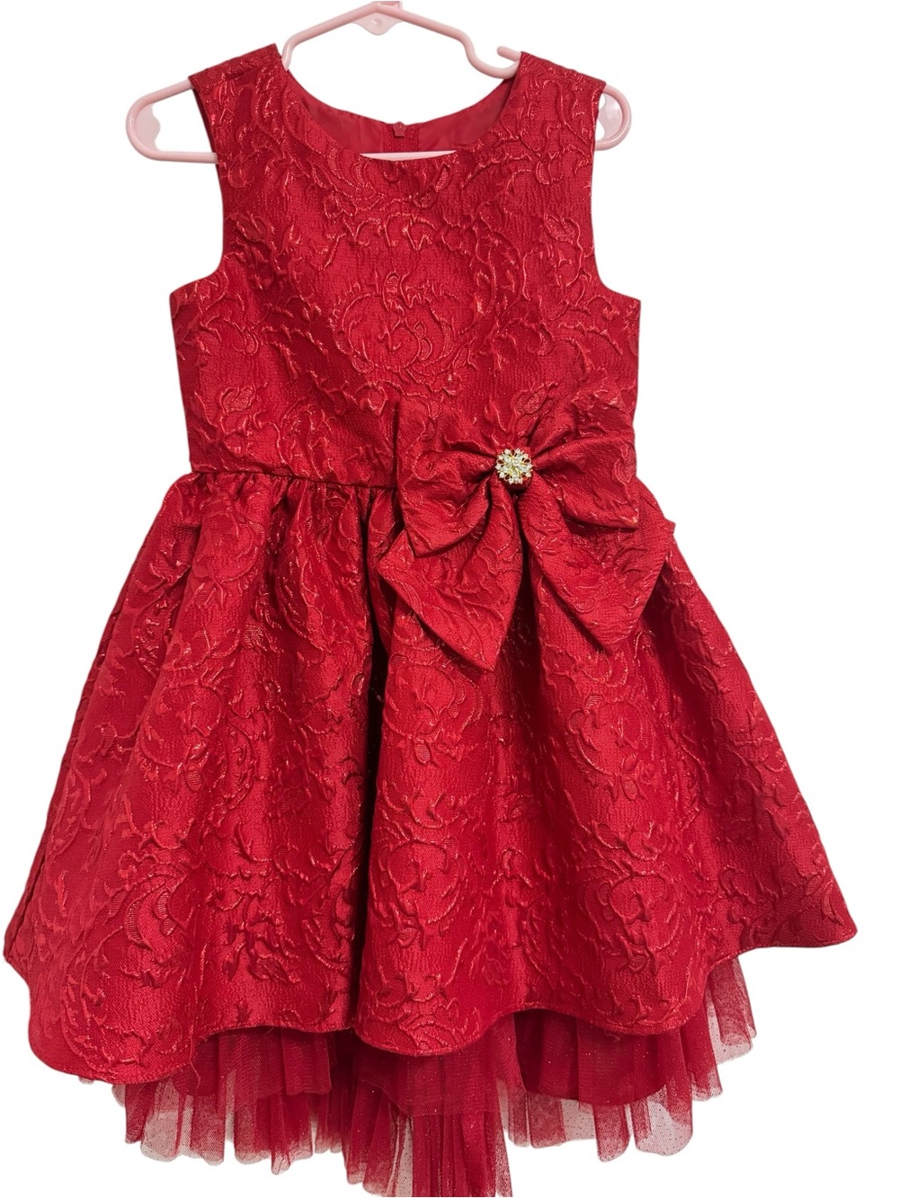 Rare Editions Girls Red Jacquard Party Dress with Bow & Tulle | Size 4T